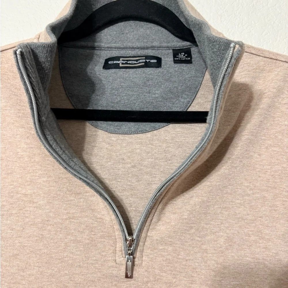 Men's Carnoustie Tan 1/4 Zip Pull Over Golf Casual Cotton Sweater Vest Gray Trim